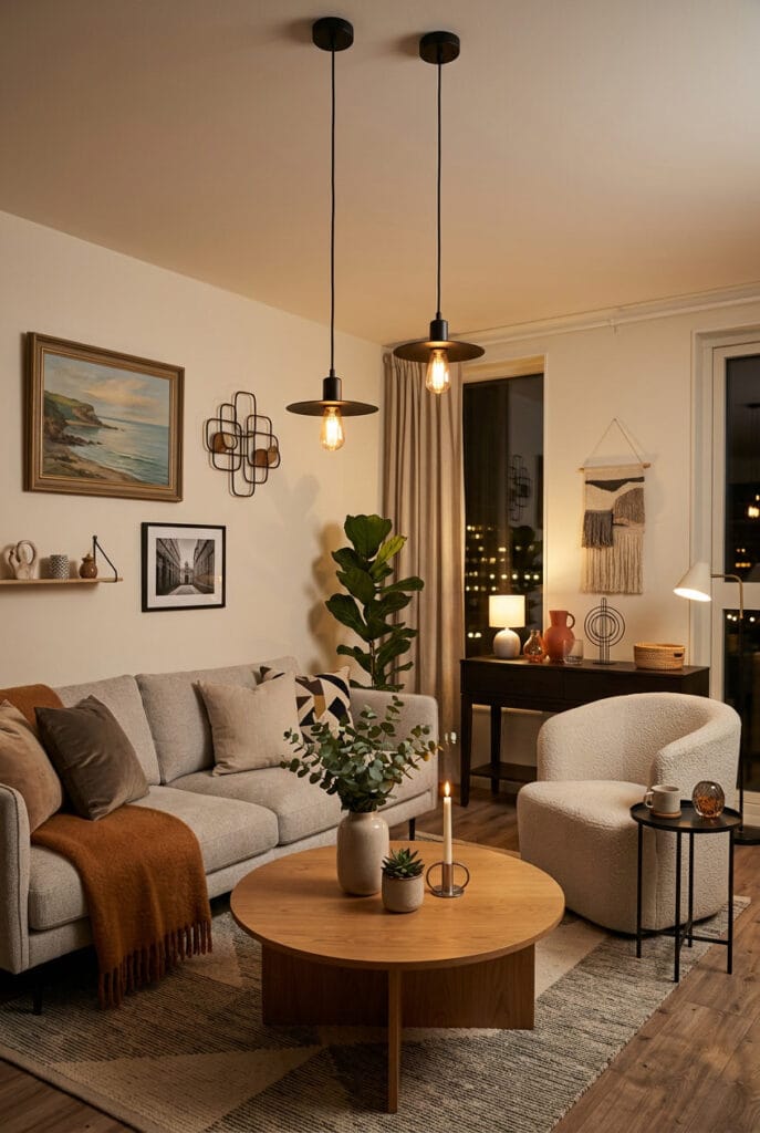 Luminaire suspendu minimaliste dans un intérieur épuré favorisant la relaxation et le calme visuel