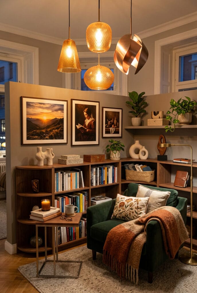 Luminaire suspendu aux teintes chaudes dorées cuivrées et ambrées pour une ambiance chaleureuse et accueillante