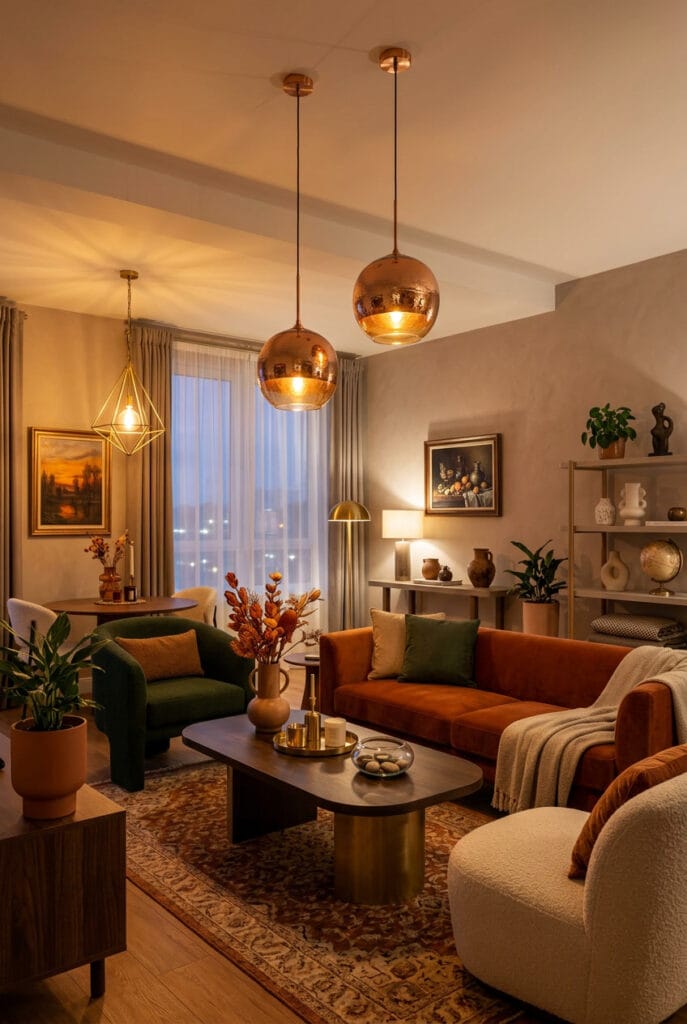 Luminaire suspendu aux tons chauds diffusant une lumière douce et apaisante pour une ambiance conviviale et sophistiquée