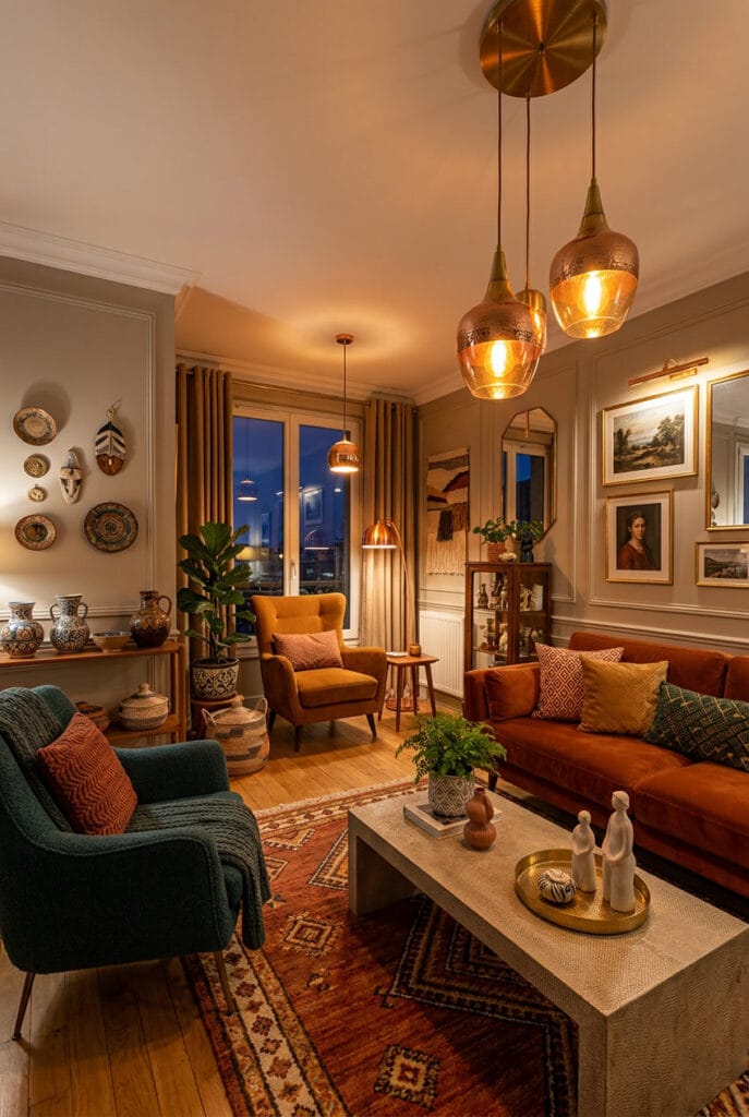 Luminaire suspendu aux teintes chaudes coordonné avec coussins rideaux tapis et bois pour une décoration harmonieuse et élégante