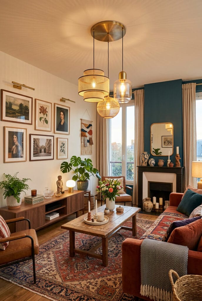 Luminaire suspendu dans un salon cosy apportant style chaleur et confort pour une ambiance chaleureuse et accueillante