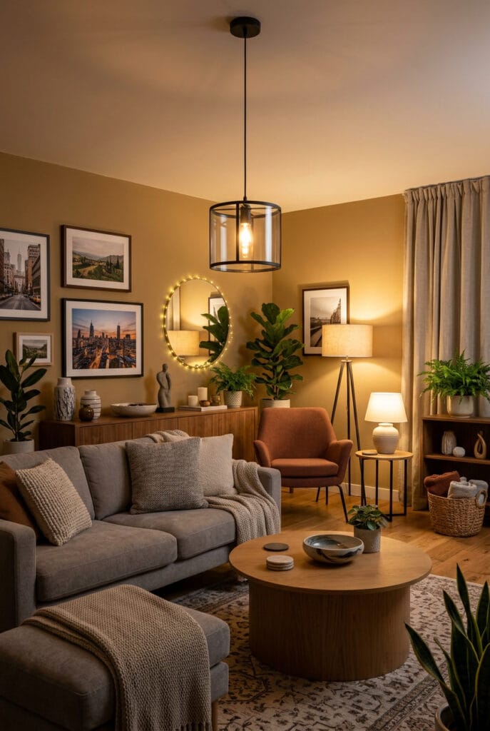 Luminaire suspendu complété par lampes de table lampadaires et guirlandes lumineuses pour un éclairage équilibré et décoratif