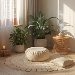 Coin relaxation méditation avec coussin zafu, plantes vertes et lumière naturelle - ambiance apaisante pour se détendre chez soi.