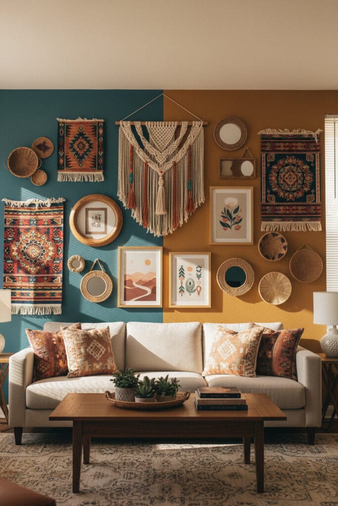Deco murale bohème aux motifs ethniques et couleurs chaudes dans un appartement lumineux à l’ambiance naturelle.