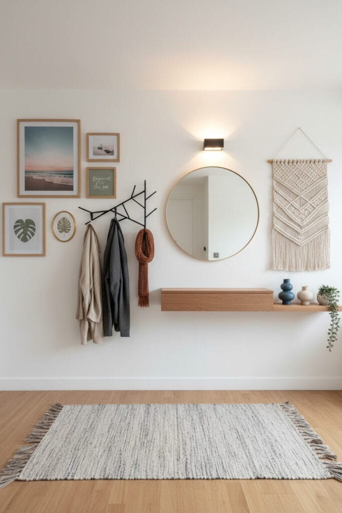 Deco murale entrée avec miroir mural, galerie de cadres et porte-manteau stylisé créant une ambiance accueillante et lumineuse.