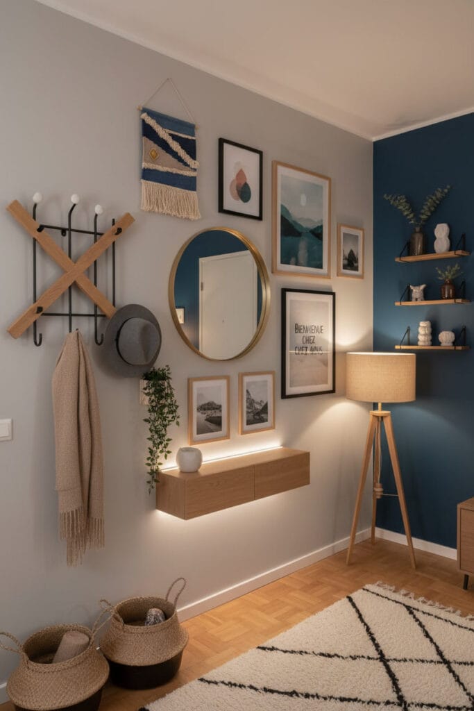 Entrée avec mur décoratif mêlant cadres, miroir et accessoires, ambiance lumineuse et chaleureuse.