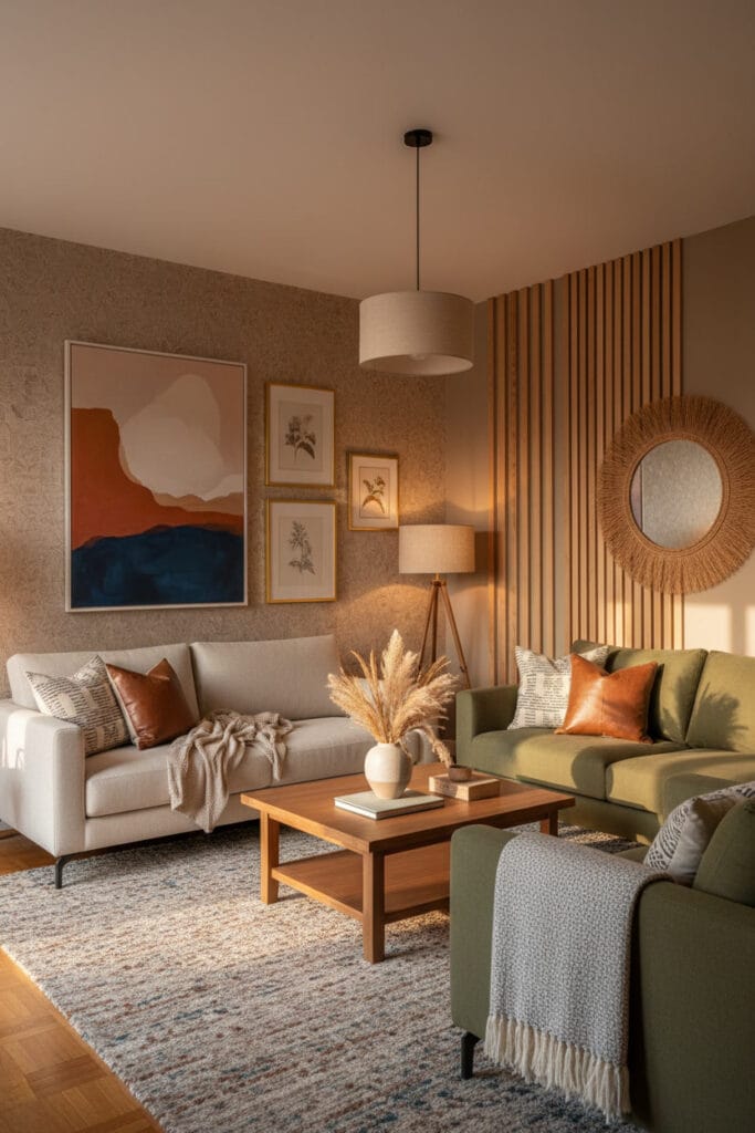 Mur décoré avec peinture aux tons chauds et papier peint texturé, créant une ambiance cosy et harmonieuse dans l’espace intérieur.