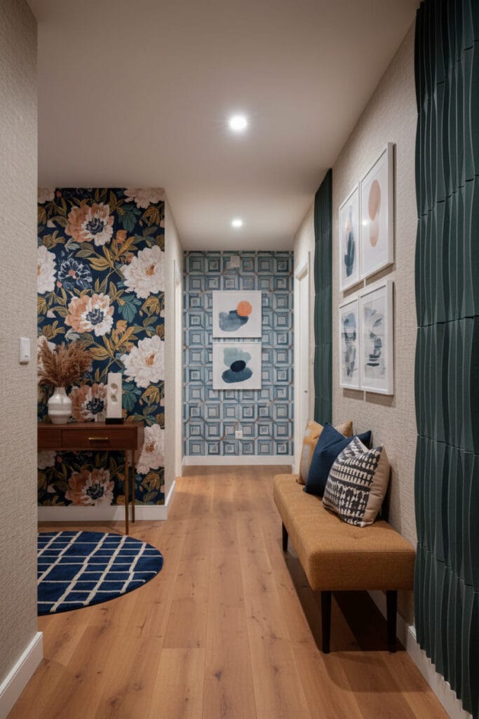 Mur décoratif aux tons doux et textures variées, apportant chaleur et caractère à l’espace intérieur.