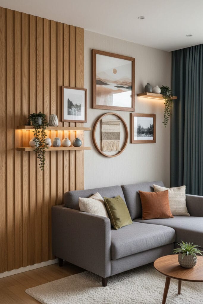 Mur décoratif avec panneaux et accessoires en bois, ambiance chaleureuse et accueillante dans l’espace intérieur.