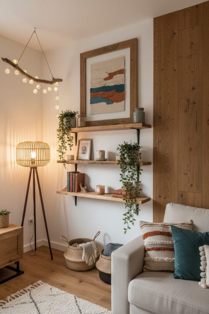 Mur décoré avec cadres et étagères en bois, créant une atmosphère cosy, authentique et élégante.