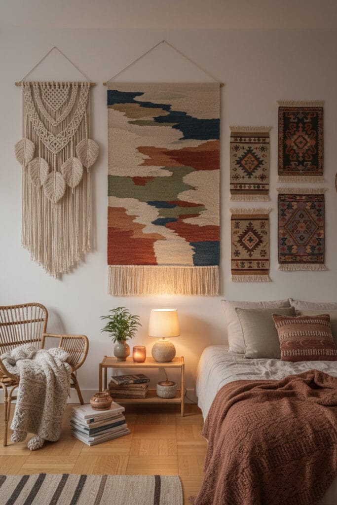 Mur décoré avec tentures et textiles apportant douceur, chaleur et confort visuel à l’intérieur.