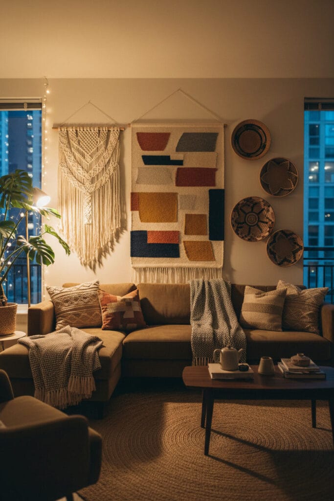 Mur décoré avec éléments en textile et motifs subtils, créant une ambiance chaleureuse et cocooning.