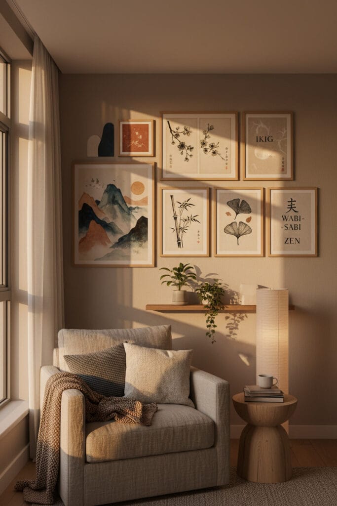 Mur décoré avec œuvres d’art et affiches variées, apportant style, personnalité et ambiance chaleureuse à l’espace intérieur.