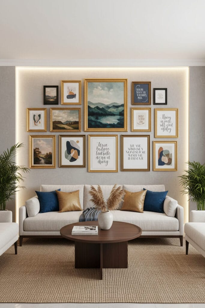 Mur décoré avec galeries de cadres et affiches variées, ambiance élégante et personnalisée dans l’espace intérieur.