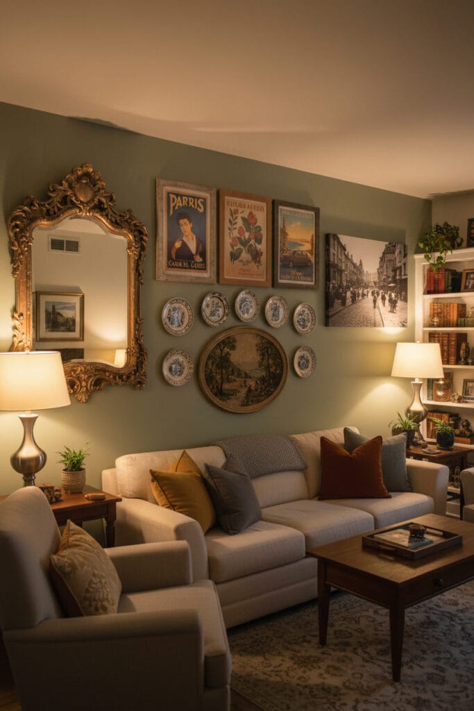 Deco murale vintage dans un salon cosy avec affiches rétro encadrées et miroir ancien créant une ambiance nostalgique et chaleureuse.