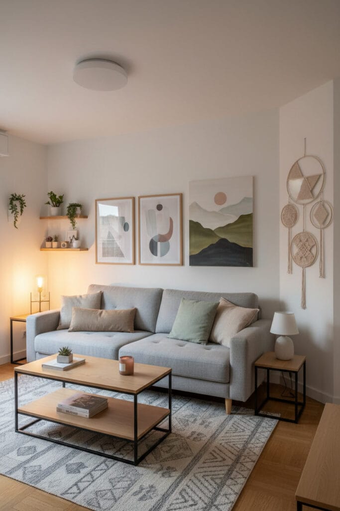 Salon contemporain où la decoration murale s’accorde subtilement au mobilier pour créer un ensemble cohérent et équilibré.