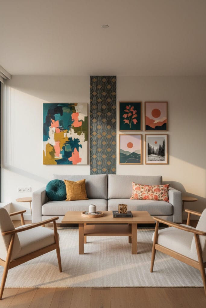 Salon lumineux où la decoration murale crée un contraste équilibré avec le mobilier pour dynamiser l’espace.