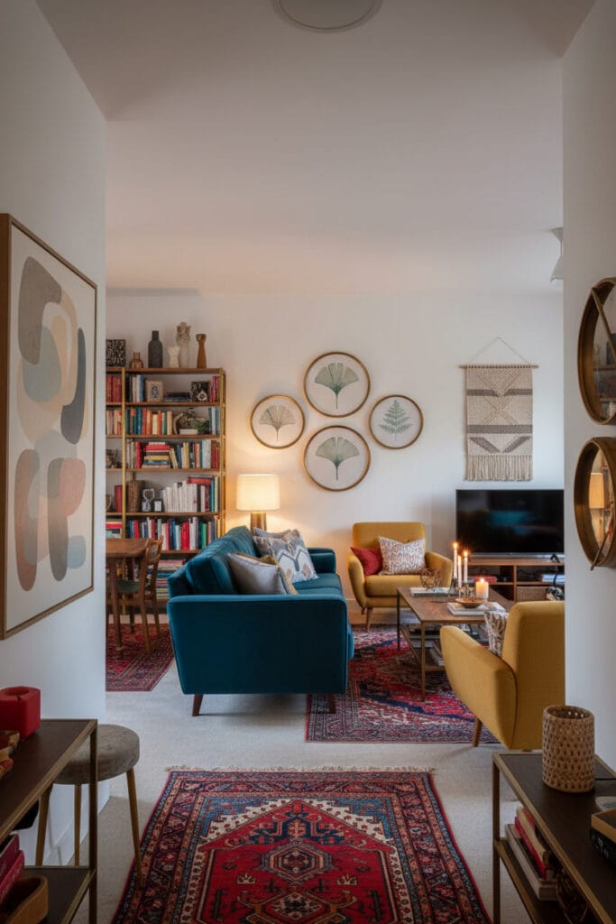 Intérieur contemporain où la decoration murale adoucit des meubles colorés grâce à des tons subtils et maîtrisés.