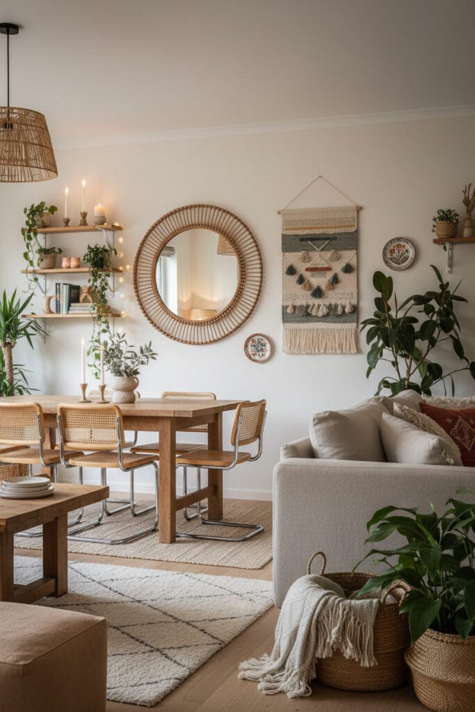 Intérieur lumineux où miroirs et étagères complètent la decoration murale et apportent profondeur et équilibre.