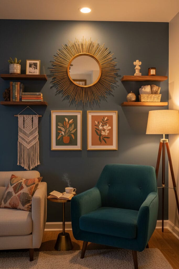 Mur décoré avec miroir design et étagères minimalistes créant une continuité visuelle avec le mobilier.