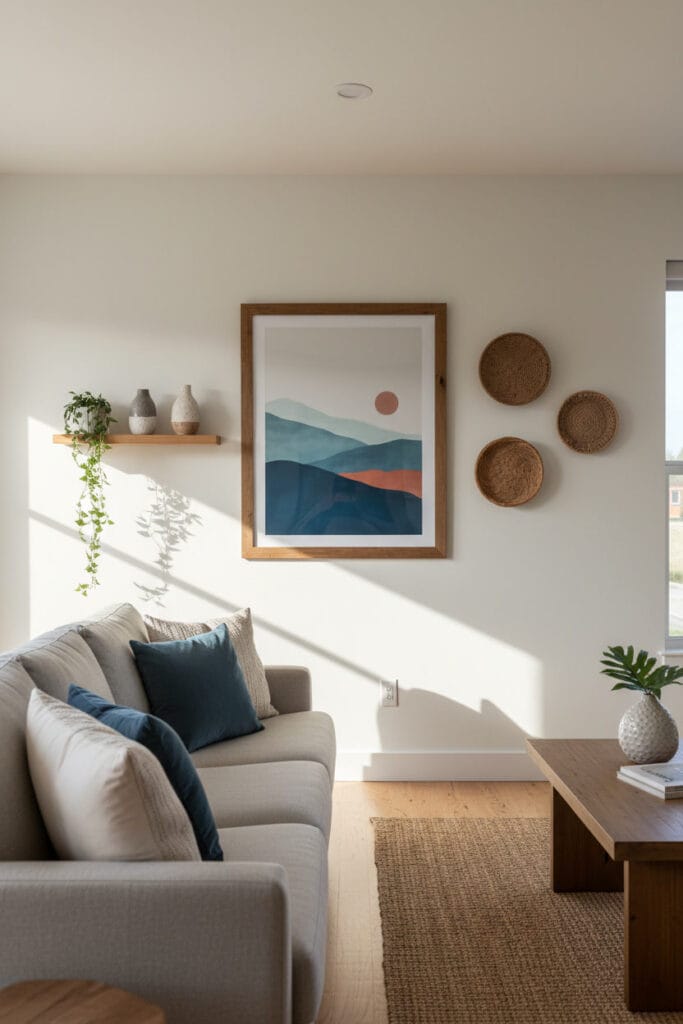 Mur équilibré avec quelques éléments de decoration murale bien espacés créant une ambiance harmonieuse et apaisante.