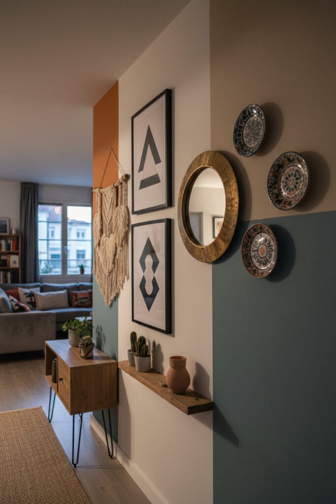 Deco murale éclectique mélangeant différentes inspirations décoratives dans un intérieur lumineux et accueillant.