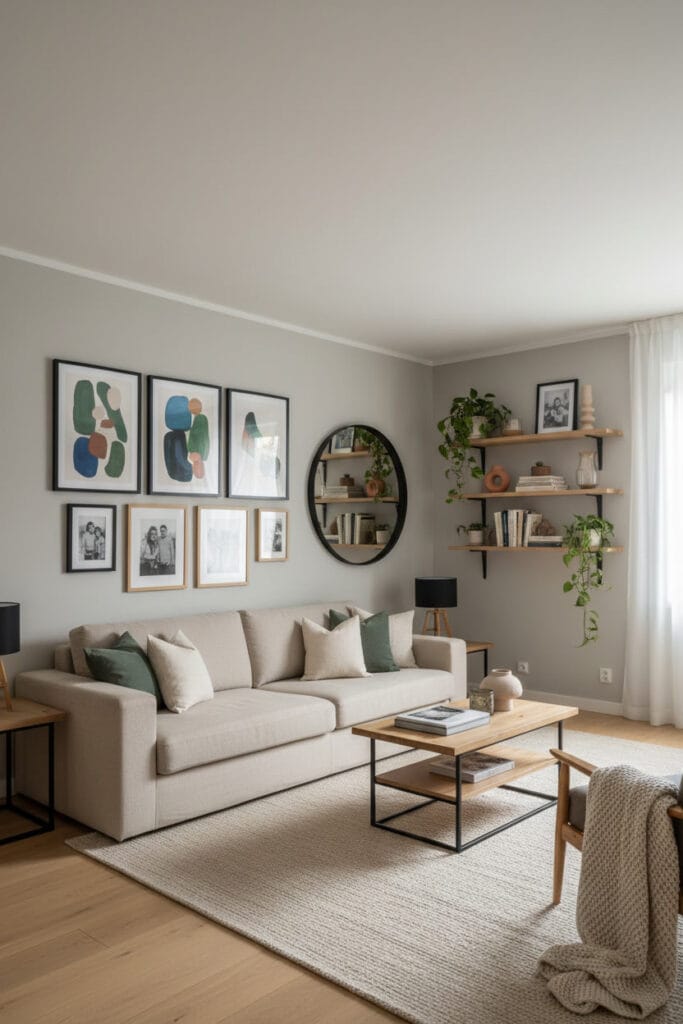 Deco murale dans le salon avec galerie de cadres, étagères décoratives et grand miroir créant une ambiance chaleureuse et conviviale.
