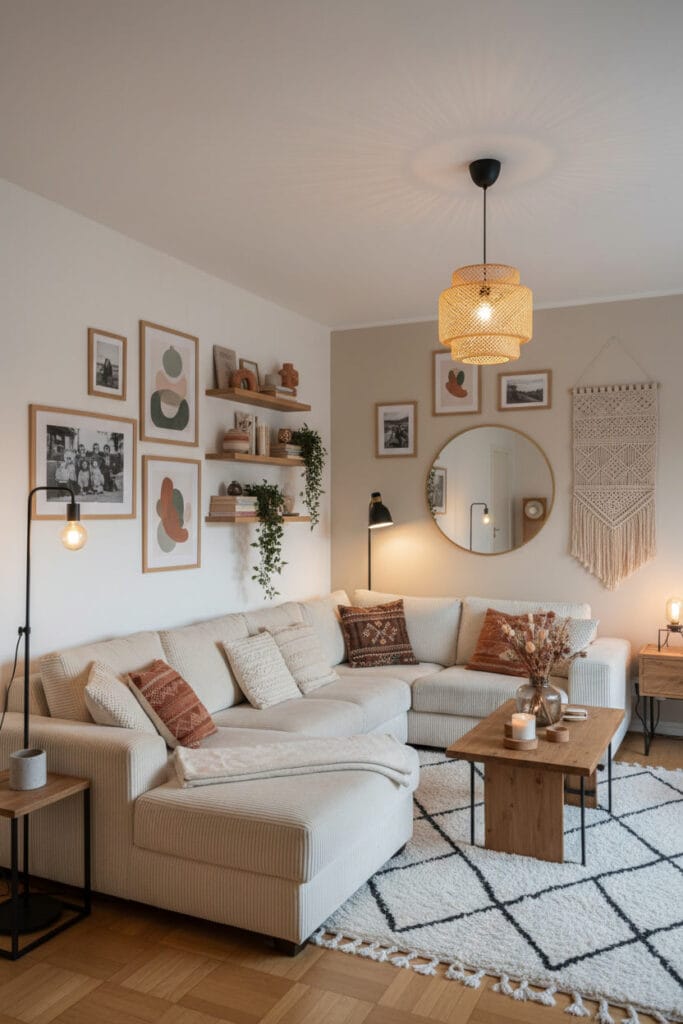 Deco murale élégante dans un salon cosy avec composition murale équilibrée et miroir agrandissant visuellement l’espace.