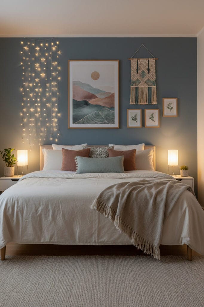 Deco murale chambre cosy avec tableaux aux tons doux, tenture murale texturée et éclairage tamisé créant une ambiance intime et reposante.