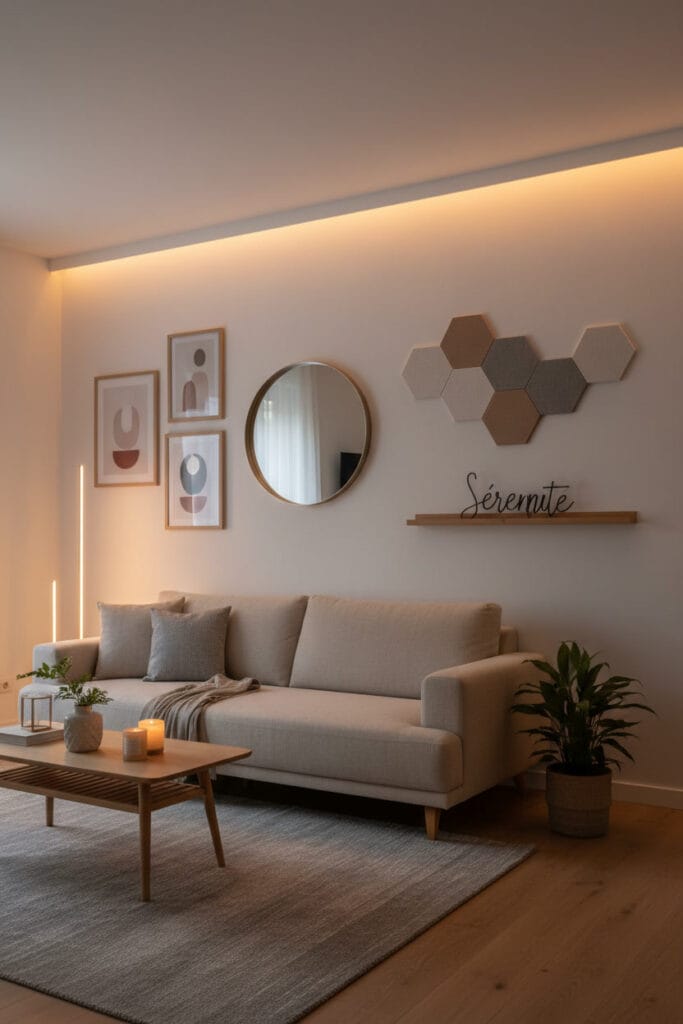 Deco murale contemporaine minimaliste aux tons neutres créant une ambiance moderne et apaisante dans un appartement.