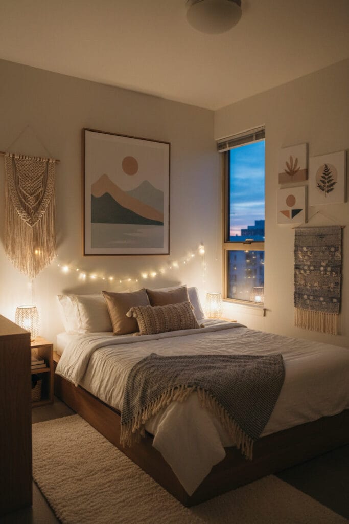 Deco murale chambre élégante avec cadre décoratif au-dessus du lit et éclairage chaleureux favorisant la relaxation.