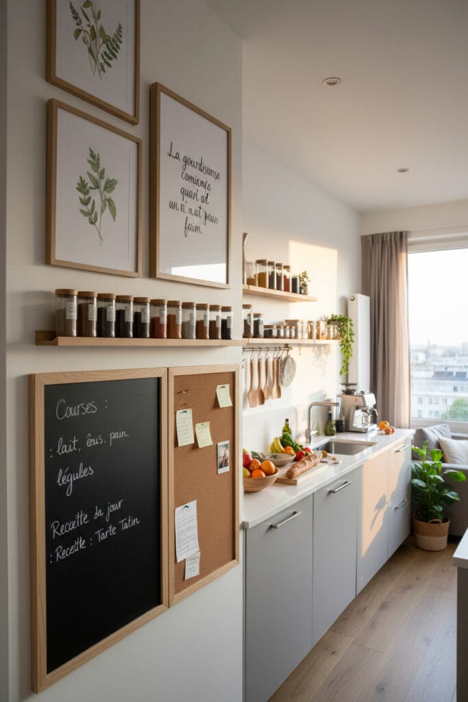 Deco murale cuisine fonctionnelle avec tableau mural, étagères décoratives et cadres créant une ambiance chaleureuse et organisée.