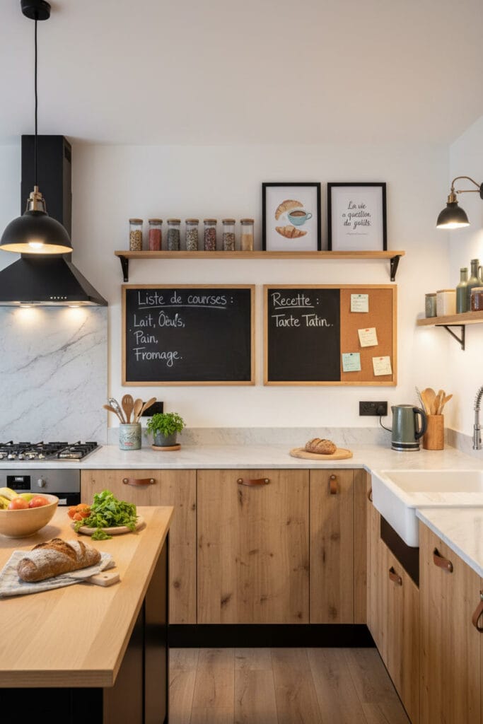 Deco murale cuisine cosy avec tableau mural décoratif, étagères organisées et ambiance lumineuse chaleureuse.