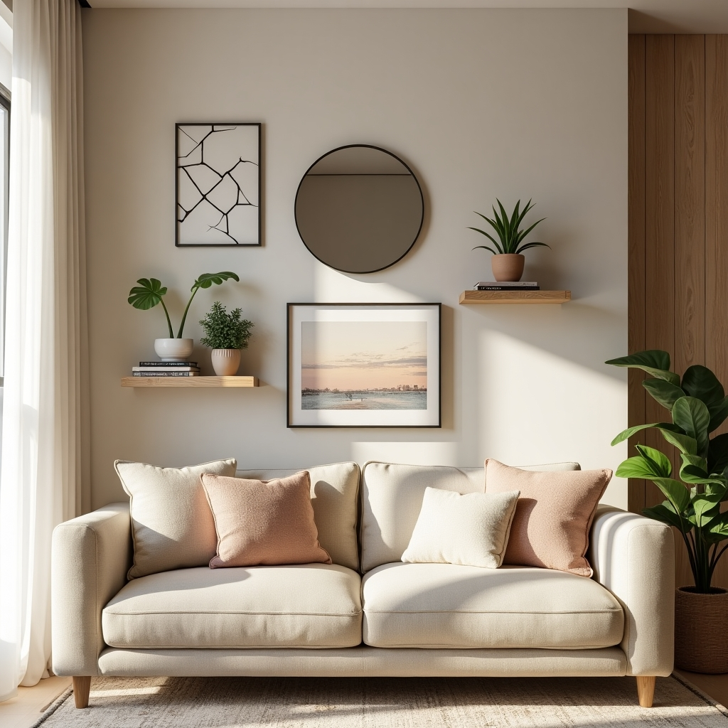 Salon cosy avec une decoration murale comprenant des cadres géométriques, un miroir décoratif et des étagères en bois ornées de plantes et de livres.