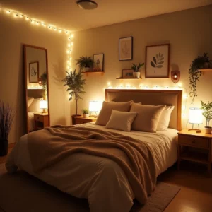 Chambre cosy sans fenêtres, avec une lumière douce, un lit confortable aux textiles moelleux, des meubles en bois et des plantes d'intérieur, créant une ambiance chaleureuse et apaisante.