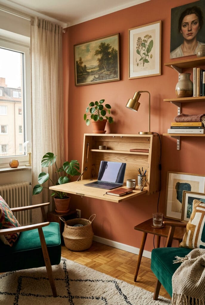Bureau mural rabattable fixé au mur dans un petit appartement, gain de place optimal