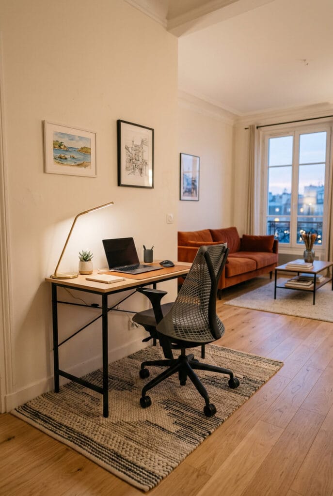 Tapis sobre délimitant un petit bureau du reste de la pièce