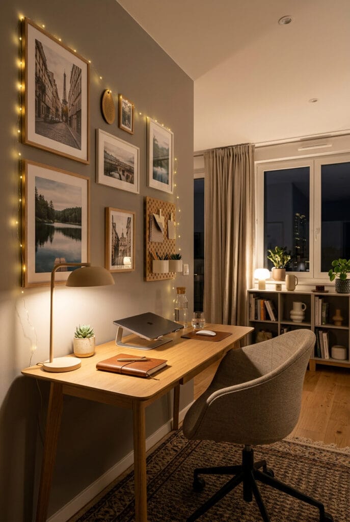 Lampe de bureau et guirlandes lumineuses créant une ambiance cozy dans un petit bureau