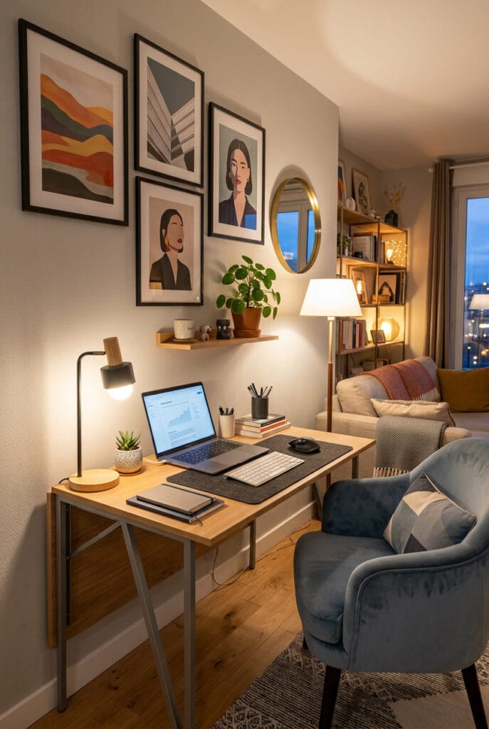 Bureau pliable installé dans un coin de pièce, idéal pour un petit espace de travail