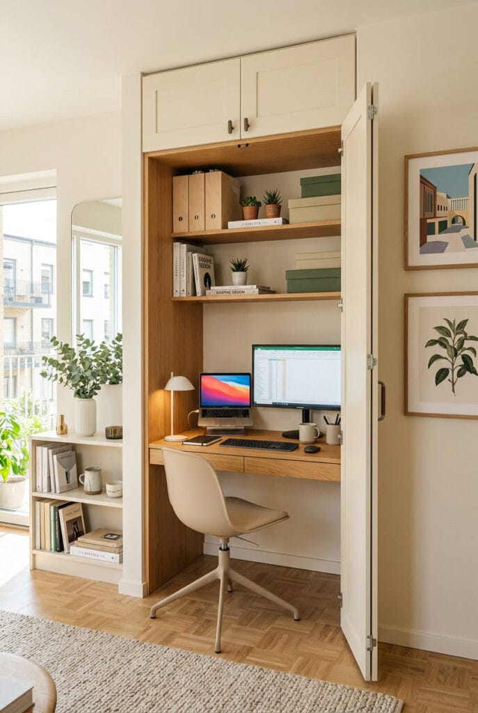 Petit bureau intégré dans un placard avec étagères de rangement dissimulées