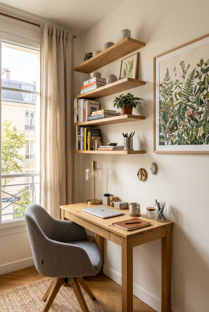 Étagères murales au-dessus d'un petit bureau avec livres, fournitures et plante verte