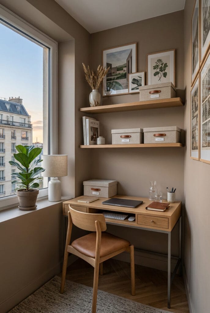 Boîtes de rangement élégantes disposées sur les étagères d'un petit bureau