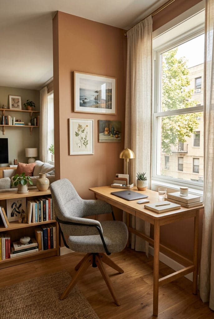 Chaise ergonomique stylée installée devant un petit bureau