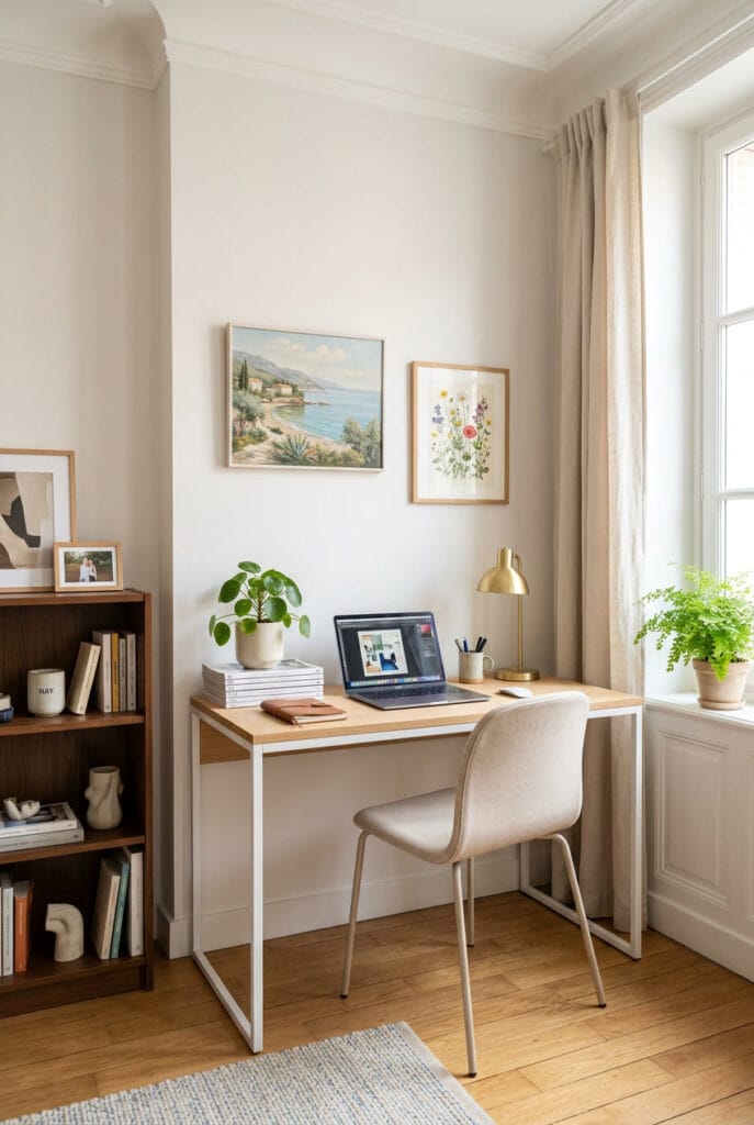Petit bureau décoré de teintes pastel et blanches pour agrandir l'espace visuellement
