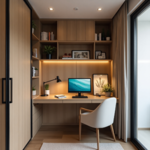 Petit bureau cosy et fonctionnel intégré dans un appartement, avec un espace optimisé, des étagères élégantes et un éclairage doux pour un cadre de travail agréable.