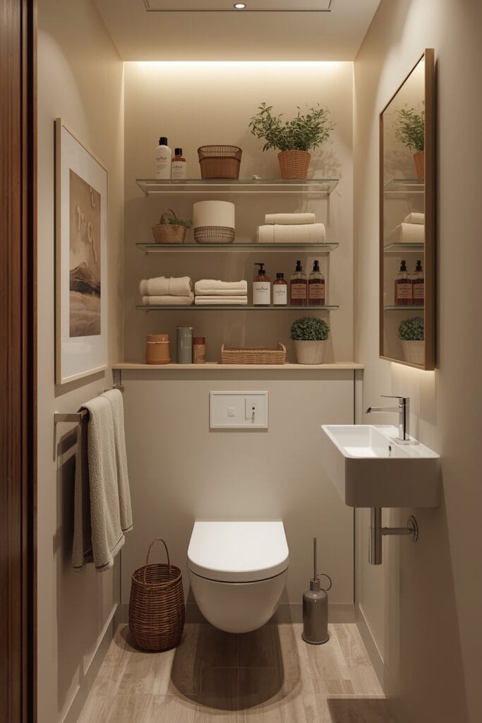 Petite Salle de Bain avec rangements muraux verticaux et étagères ouvertes légères