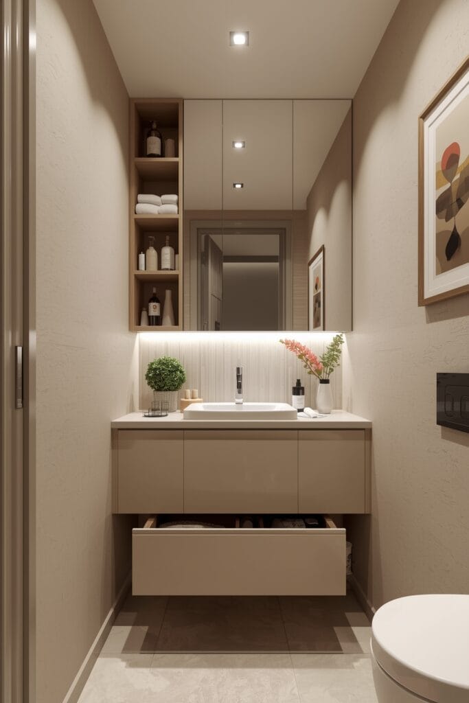 Petite Salle de Bain avec meubles polyvalents et rangements intégrés