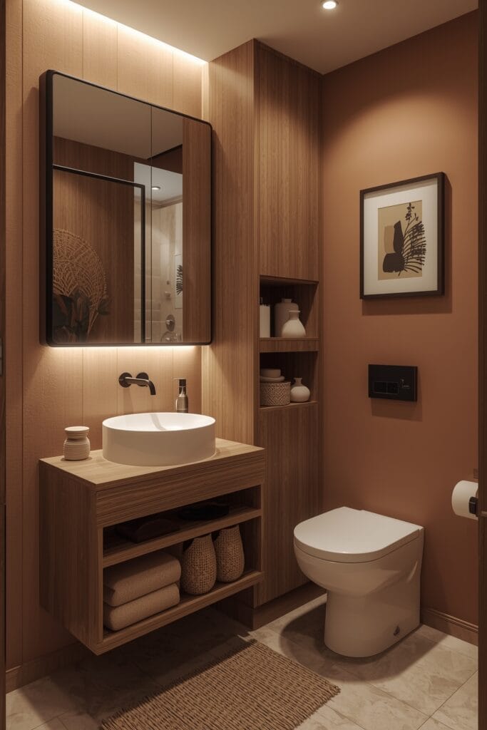 Petite Salle de Bain optimisée avec meubles multifonctionnels et rangements dissimulés