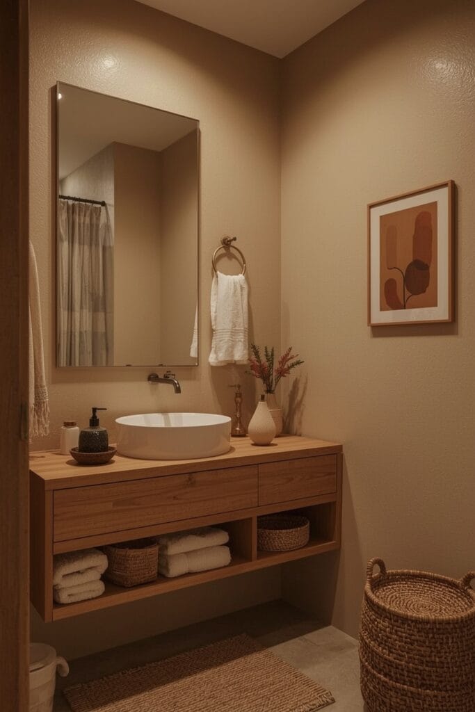 Petite Salle de Bain naturelle avec grand miroir et matières douces