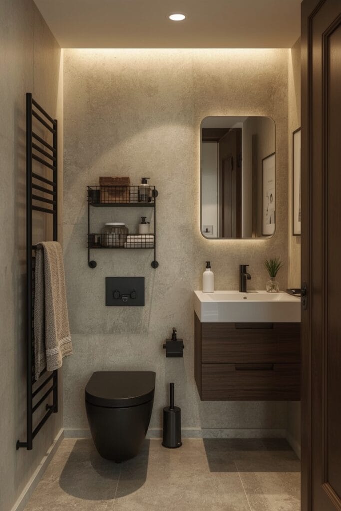 Petite Salle de Bain industrielle cosy avec accessoires de rangement suspendus